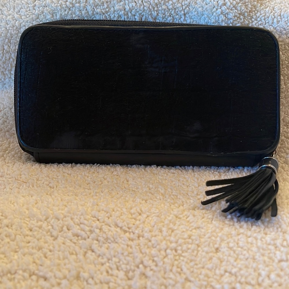 Black faux pony hair wallet